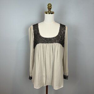 St. John Silk and Sequin Blouse Size 8 Long Sleeve Alabaster Flowy NWT